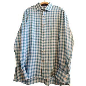 Marcello Sport Linen Shirt Mens L Blue Plaid NWOT Breathable Coastal Vacation